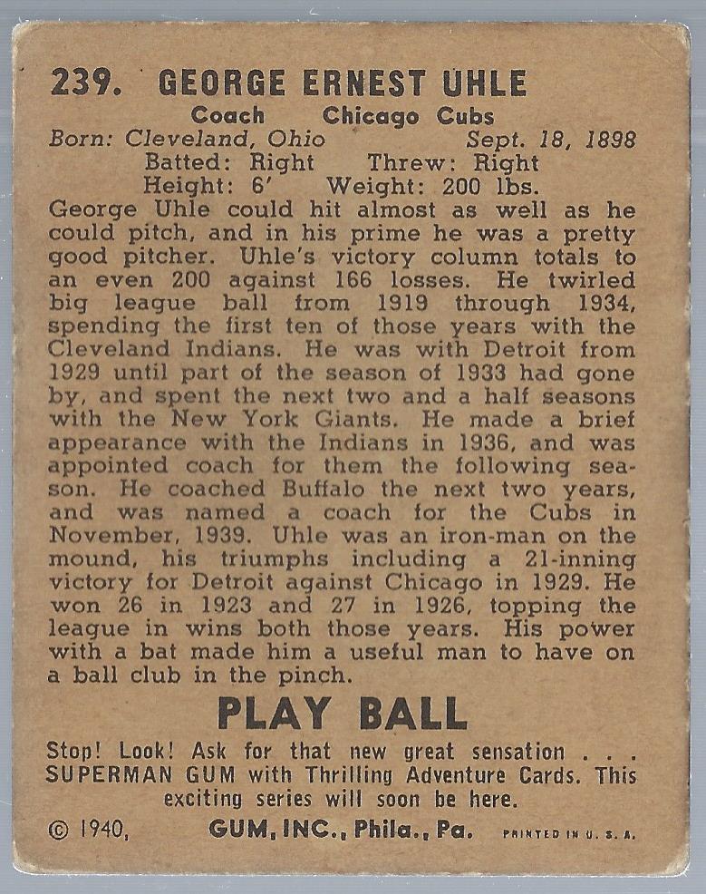 1940 Play Ball #239 George Uhle back image
