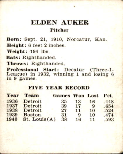 1941 Browns W753 #2 Elden Auker back image