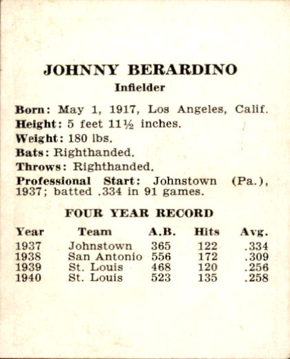 1941 Browns W753 #4 Johnny Berardino back image