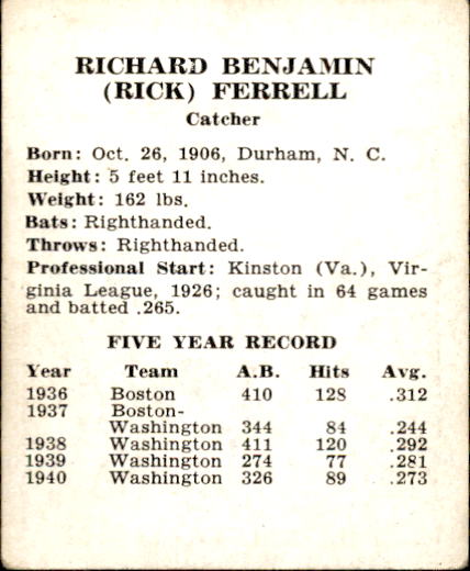 1941 Browns W753 #10 Rick Ferrell back image