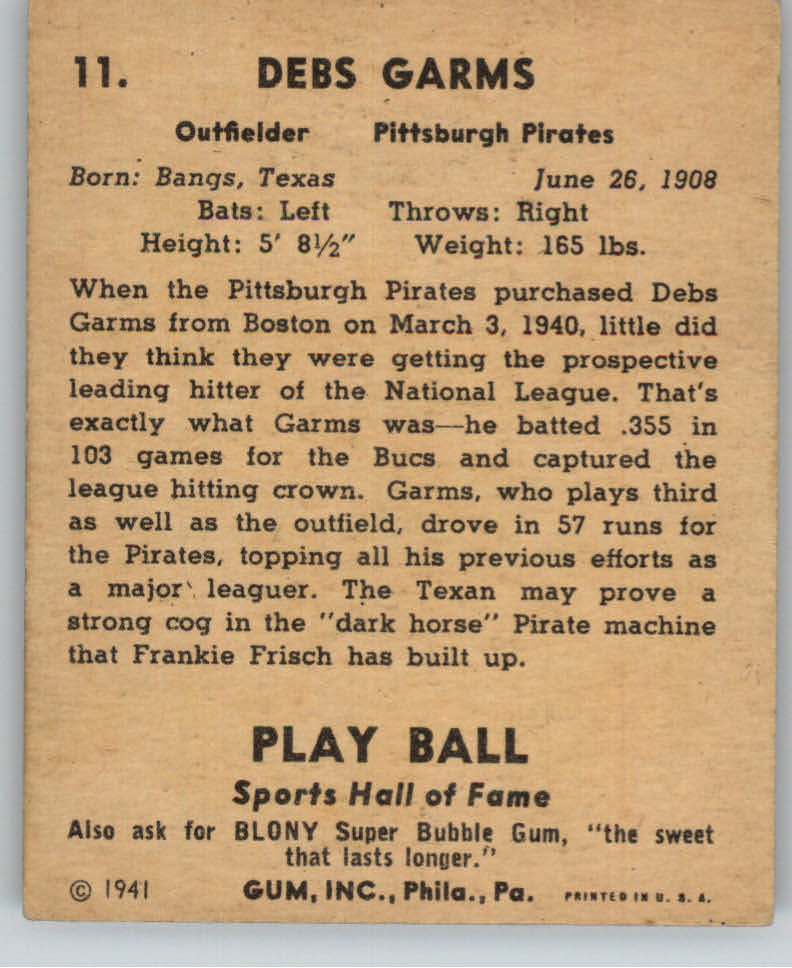 1941 Play Ball #11 Debs Garms back image