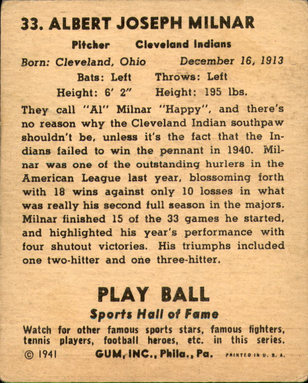 1941 Play Ball #33 Al Milnar back image