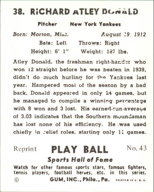 1941 Play Ball #38 Atley Donald back image
