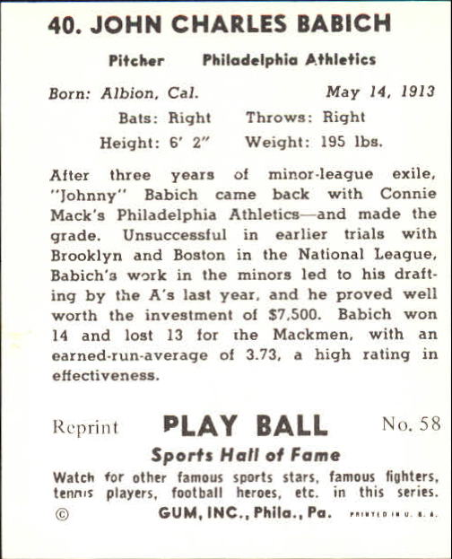 1941 Play Ball #40 John Babich back image