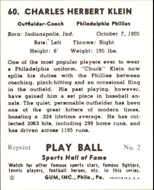 1941 Play Ball #60 Chuck Klein back image