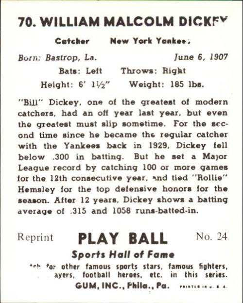 1941 Play Ball #70 Bill Dickey back image