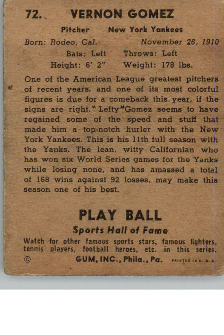 1941 Play Ball #72 Lefty Gomez back image