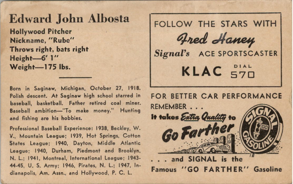 1947 Signal Oil #1 Ed Albosta back image