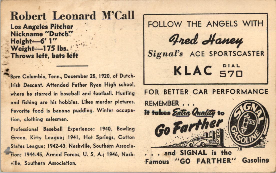 1947 Signal Oil #30 Dutch McCall back image