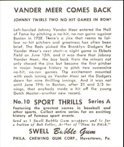 1948 Swell Sport Thrills #10 No Hits No Runs:/Johnny VanderMeer/Comes Back back image
