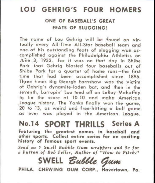 1948 Swell Sport Thrills #14 Great Slugging: Lou/Gehrig's Four/Homers back image