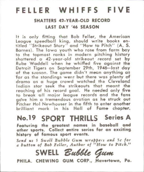 1948 Swell Sport Thrills #19 Strikeout Record: Bob/Feller Whiffs Five back image