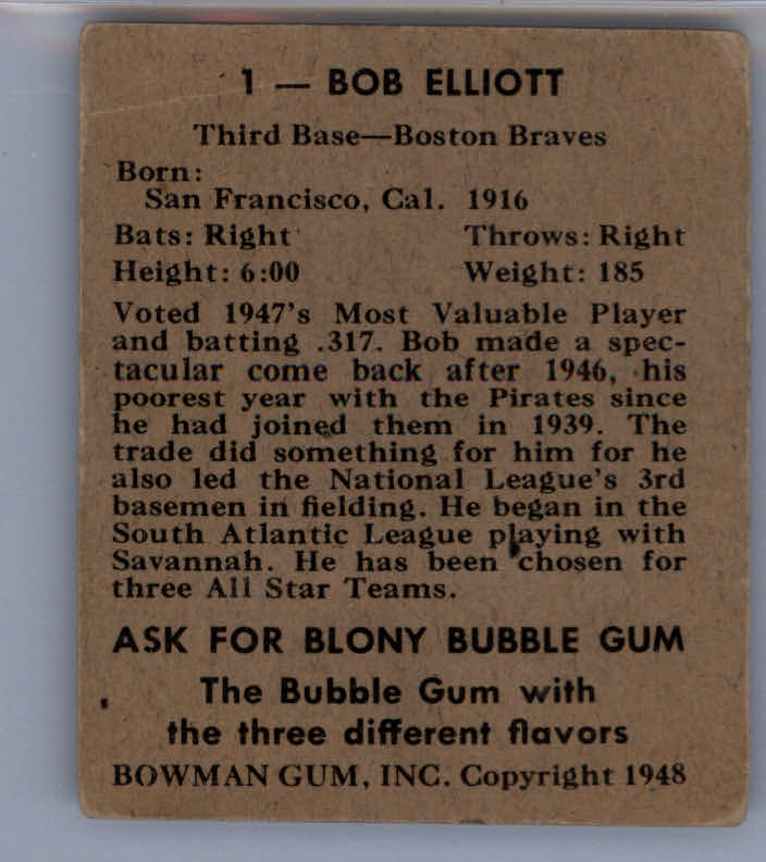 1948 Bowman #1 Bob Elliott RC back image