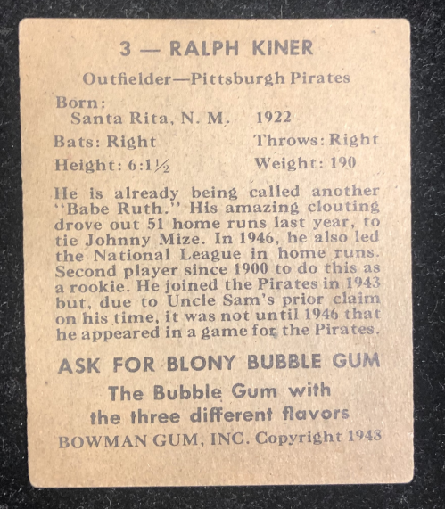 1948 Bowman #3 Ralph Kiner RC back image