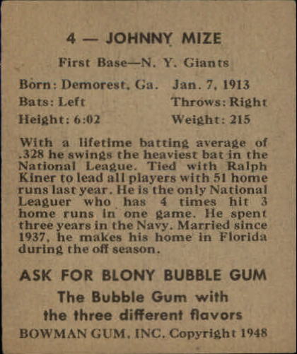1948 Bowman #4 Johnny Mize RC back image