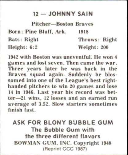 1948 Bowman #12 Johnny Sain RC back image