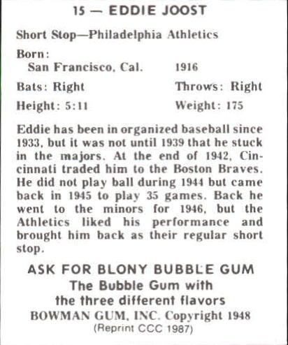 1948 Bowman #15 Eddie Joost back image