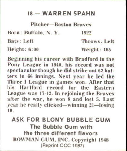 1948 Bowman #18 Warren Spahn RC back image