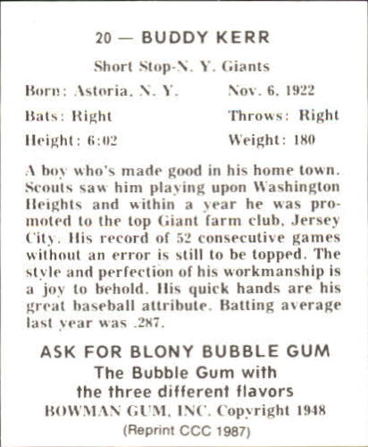 1948 Bowman #20 Buddy Kerr SP RC back image