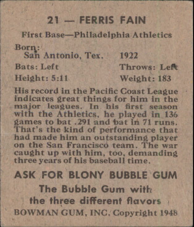 1948 Bowman #21 Ferris Fain RC back image