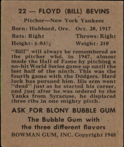 1948 Bowman #22 Floyd Bevens SP RC back image