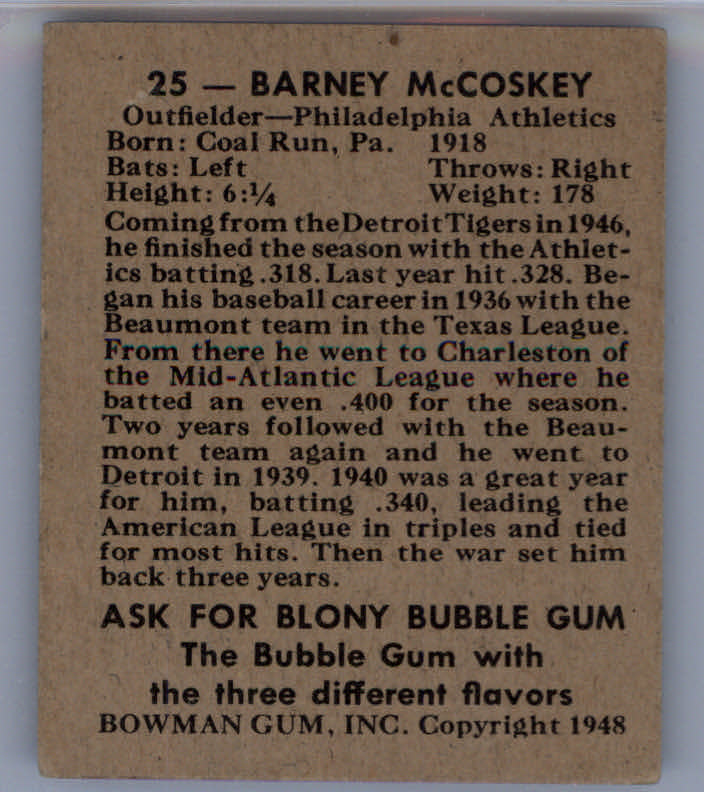1948 Bowman #25 Barney McCosky back image
