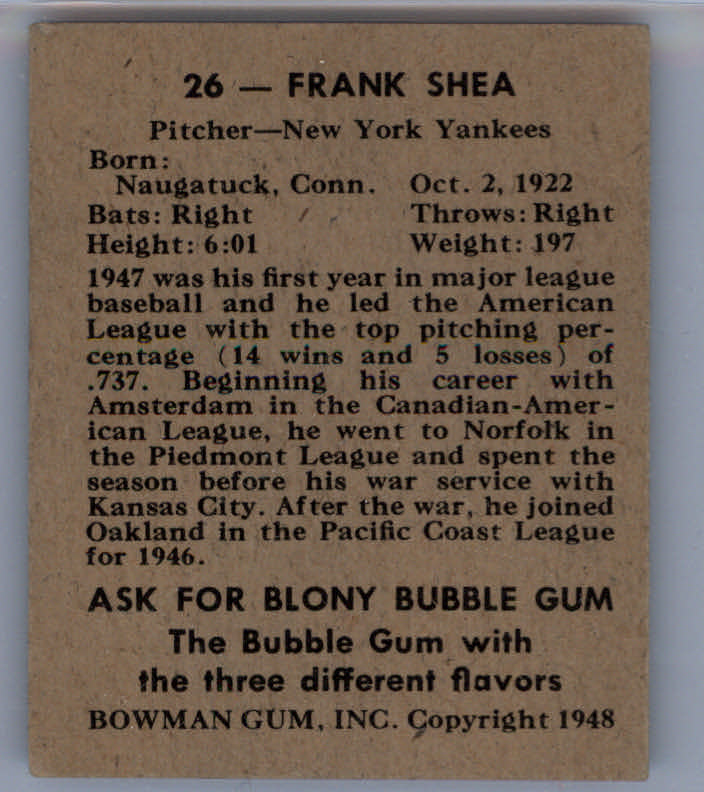 1948 Bowman #26 Frank Shea SP RC back image