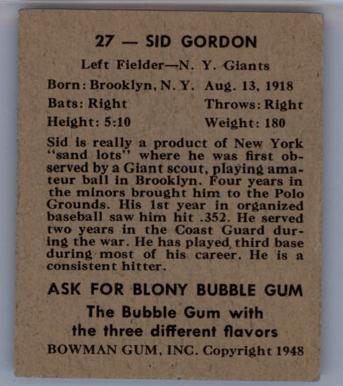 1948 Bowman #27 Sid Gordon RC back image
