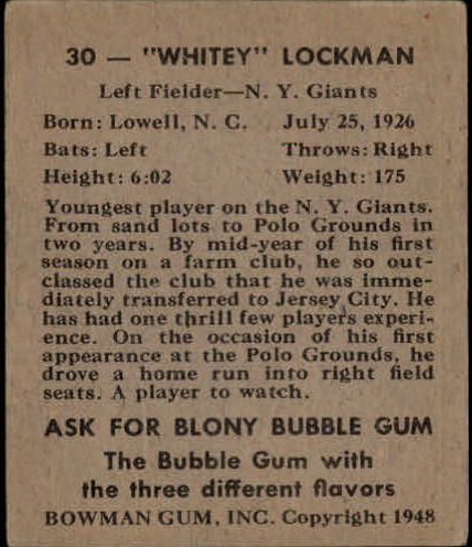 1948 Bowman #30 Whitey Lockman SP RC back image