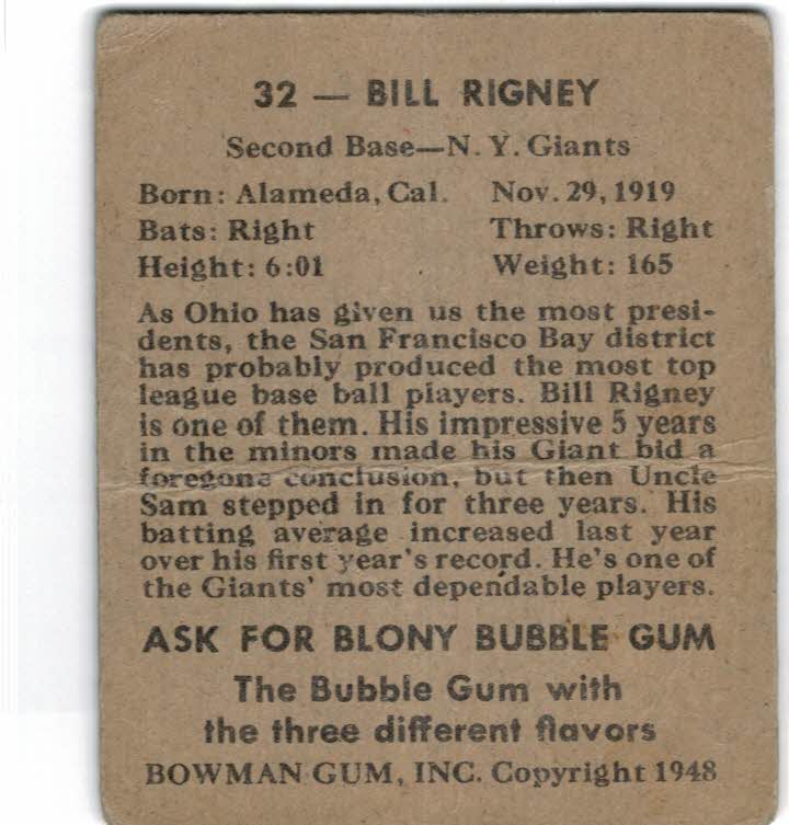 1948 Bowman #32 Bill Rigney RC back image