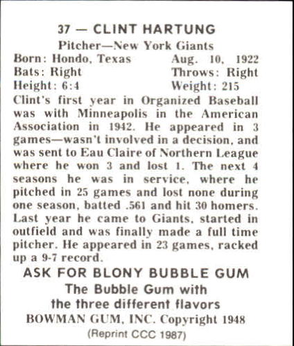 1948 Bowman #37 Clint Hartung RC back image