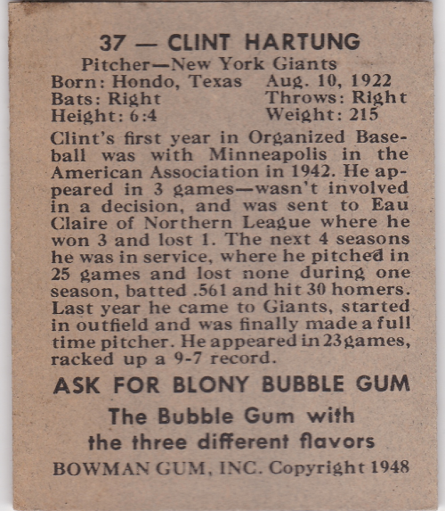 1948 Bowman #37 Clint Hartung RC back image
