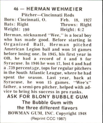 1948 Bowman #46 Herman Wehmeier RC back image
