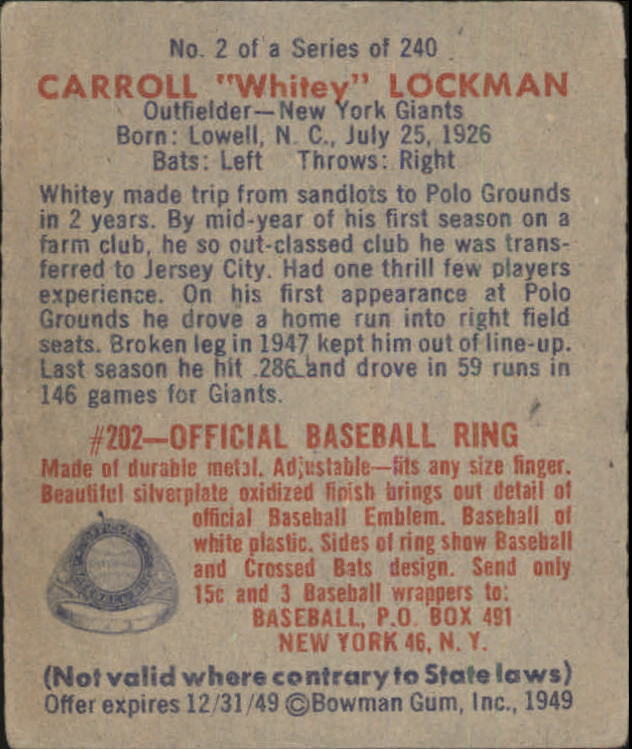 1949 Bowman #2 Whitey Lockman back image