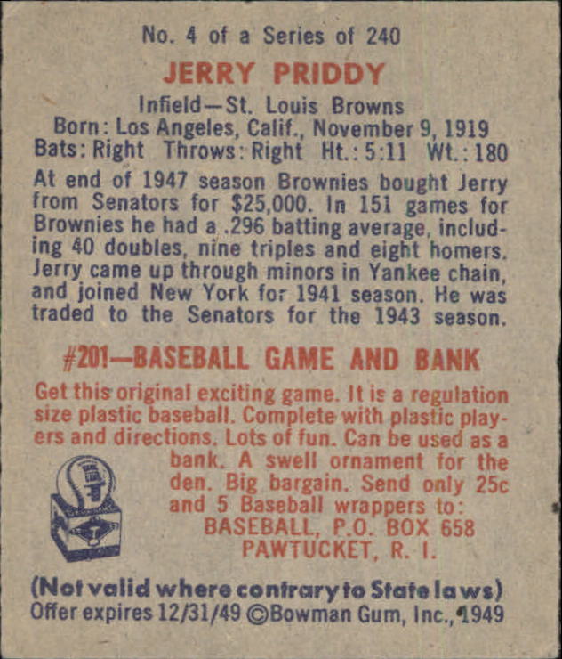1949 Bowman #4A Jerry Priddy NNOF RC(no player name on front) back image