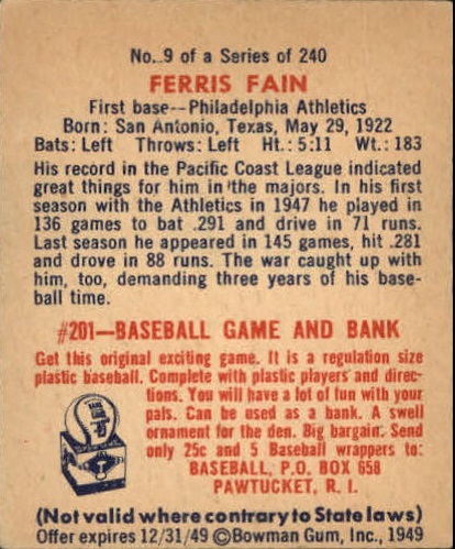 1949 Bowman #9 Ferris Fain back image