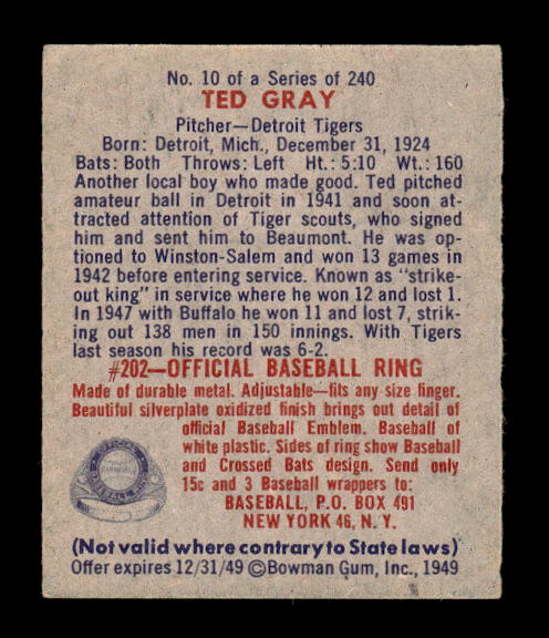 1949 Bowman #10 Ted Gray RC back image