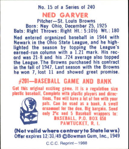 1949 Bowman #15 Ned Garver RC back image