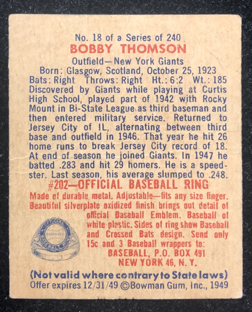 1949 Bowman #18 Bobby Thomson back image