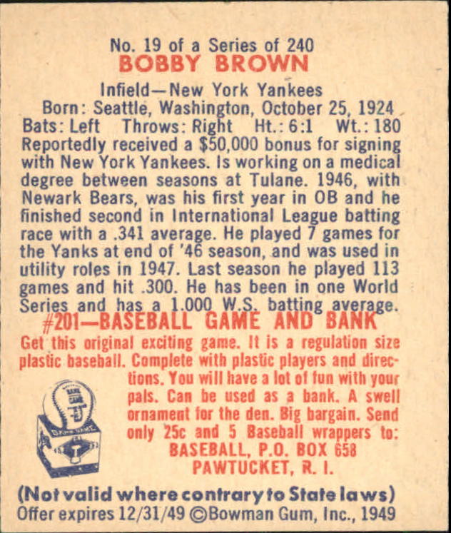 1949 Bowman #19 Bobby Brown RC back image