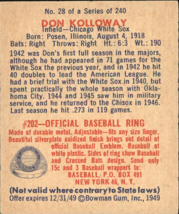1949 Bowman #28 Don Kolloway RC back image