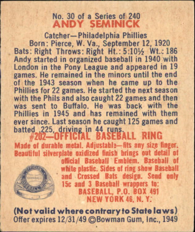1949 Bowman #30 Andy Seminick RC back image