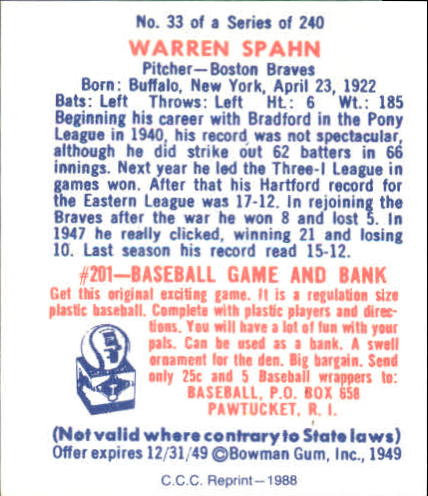 1949 Bowman #33 Warren Spahn back image