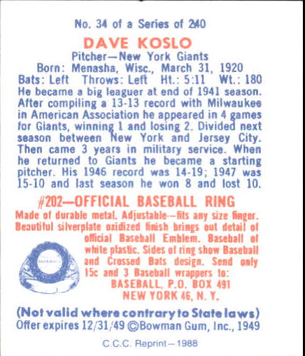 1949 Bowman #34 Dave Koslo back image