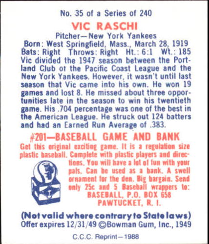 1949 Bowman #35 Vic Raschi RC back image