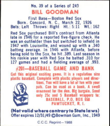 1949 Bowman #39 Billy Goodman RC back image