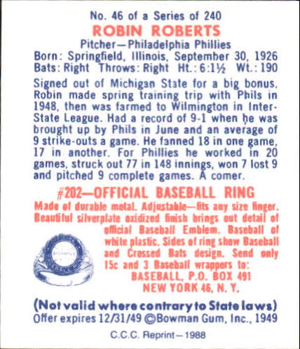 1949 Bowman #46 Robin Roberts RC back image