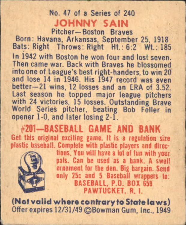 1949 Bowman #47 Johnny Sain back image