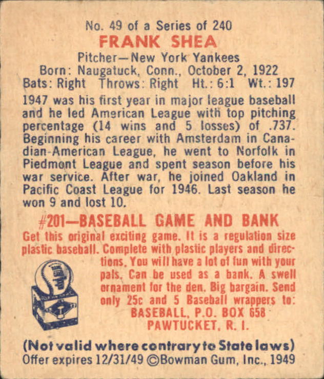 1949 Bowman #49 Frank Shea back image
