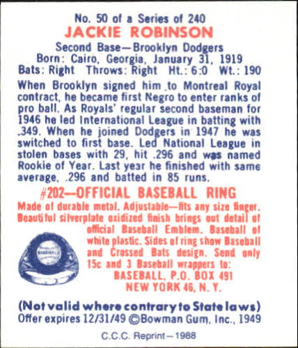 1949 Bowman #50 Jackie Robinson RC back image